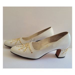 Vintage 1960's Gold Studded White Leather Pumps.